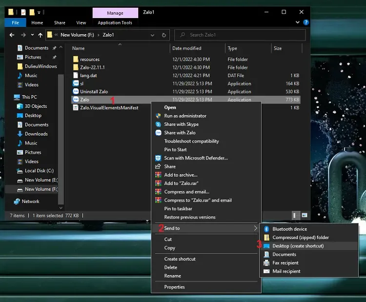 Tạo shortcut ngoài màn hình cho cách cài 2 zalo trên máy tính