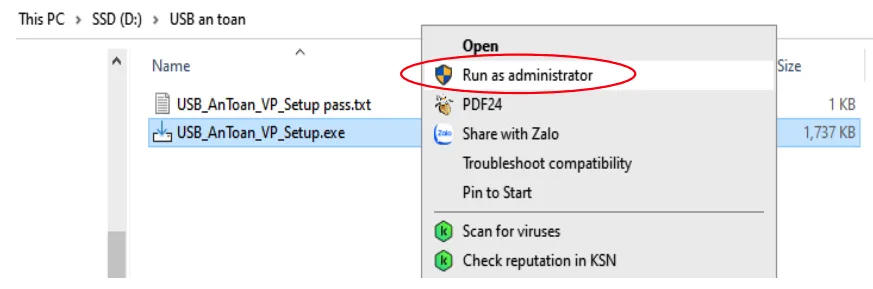 Chạy file cài đặt phần mềm tạo USB an toàn với quyền quản trị