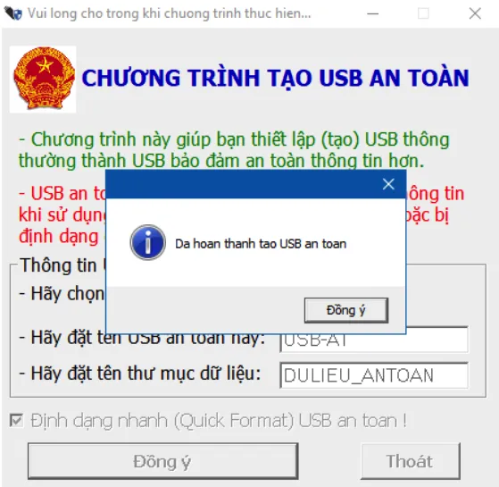 Quá trình tạo USB an toàn đang diễn ra