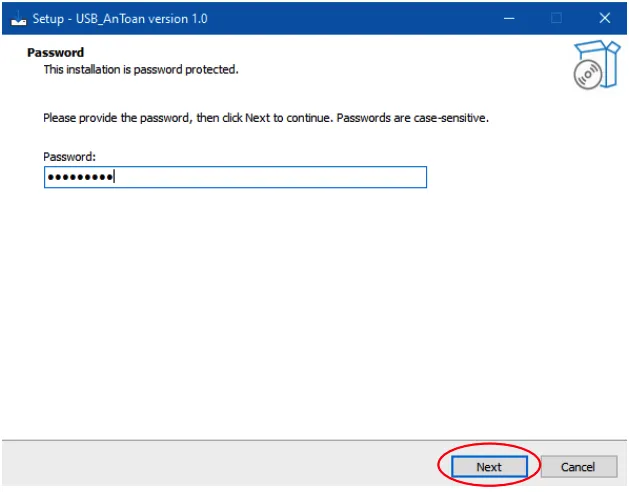 Nhập mật khẩu cài đặt phần mềm USB an toàn