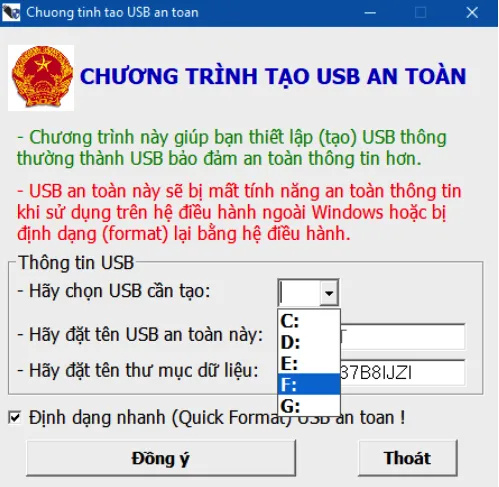Chọn ổ USB cần tạo thành USB an toàn