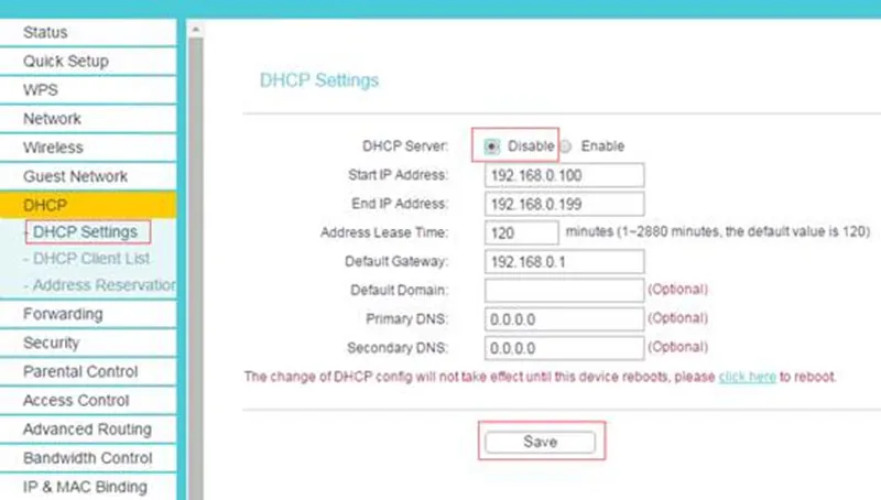 Tắt DHCP trên router phụ