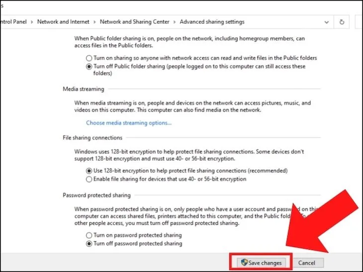 Tắt Password protected sharing và lưu thay đổi