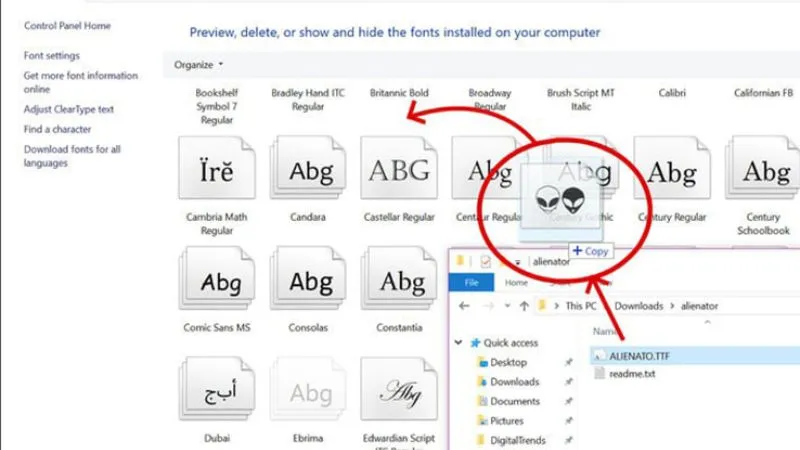 Thao tác kéo thả tệp tin để cài đặt phông chữ mới vào hệ thống máy tính