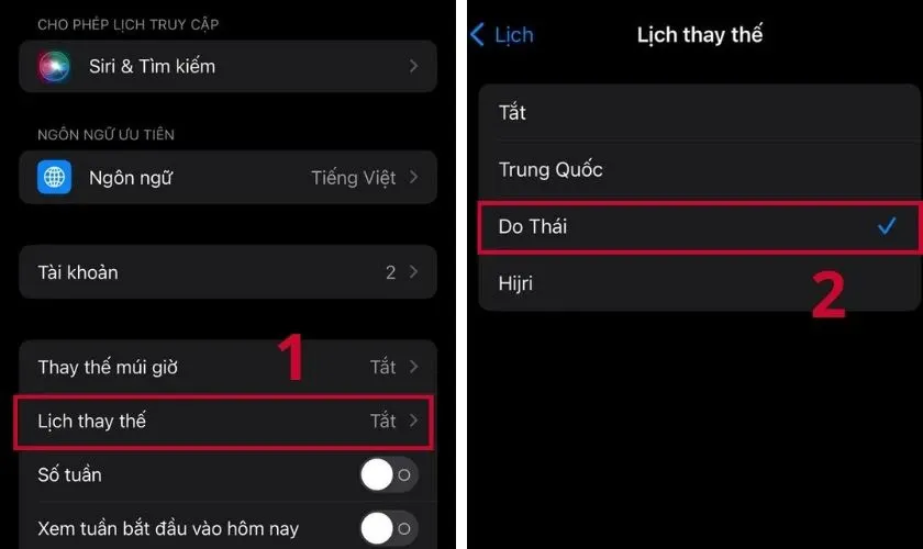 Thao tác lựa chọn lịch thay thế để hiển thị ngày âm trên ứng dụng gốc