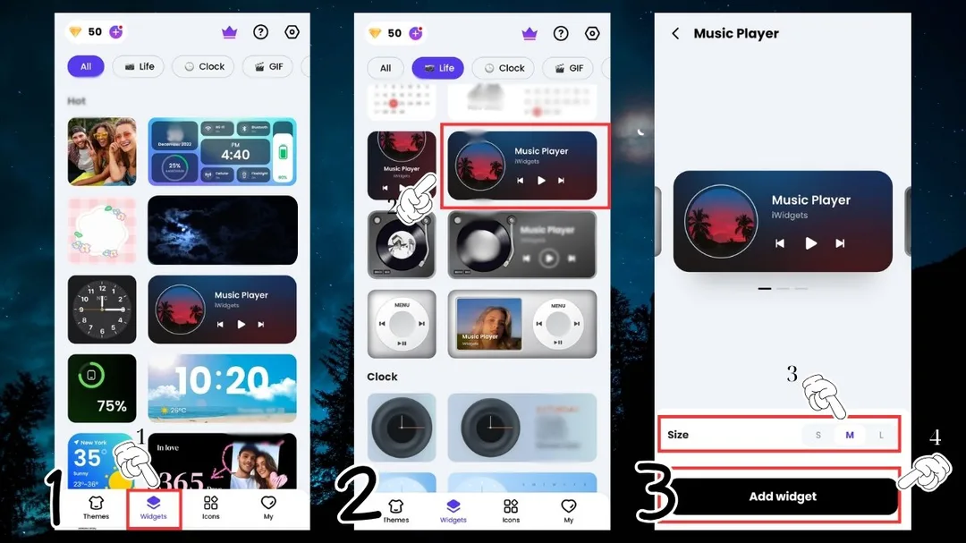 Thêm widget từ ứng dụng với tùy chọn về kích thước