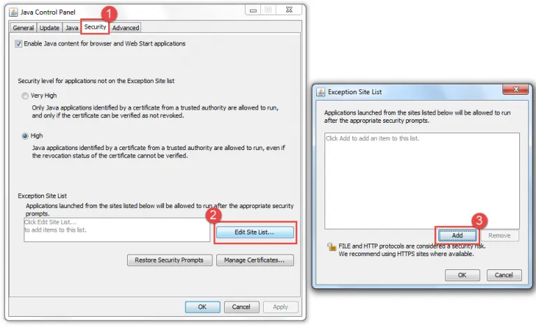 Thiết lập danh sách các website được phép thực thi Java