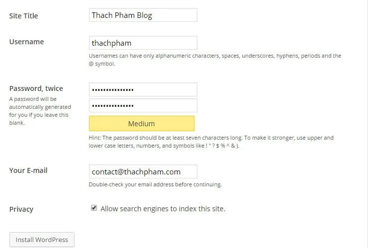 Thiết lập thông tin website và tài khoản admin