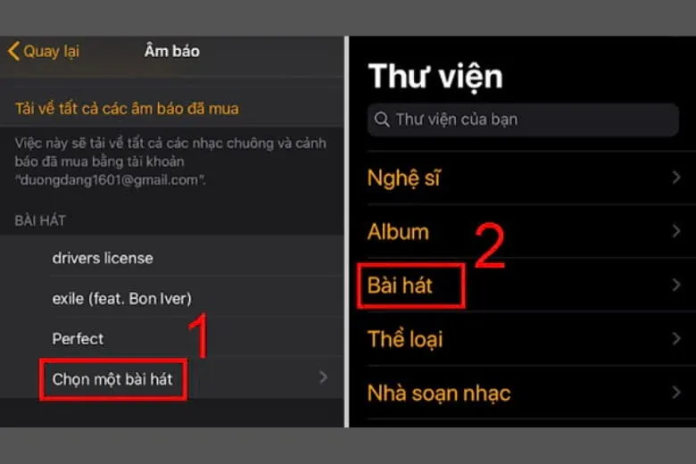 Thực hiện thao tác chọn một bài hát từ danh sách âm thanh có sẵn trên iPhone