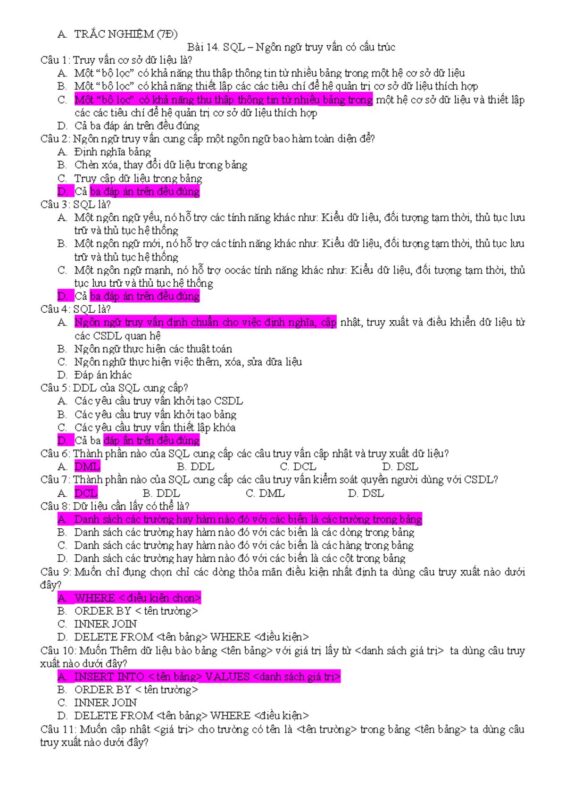 Trắc Nghiệm Tin Học 11 Bài 14: SQL Ngôn Ngữ Truy Vấn