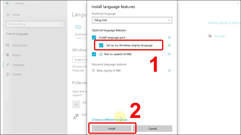 Tick Set as display language và Install