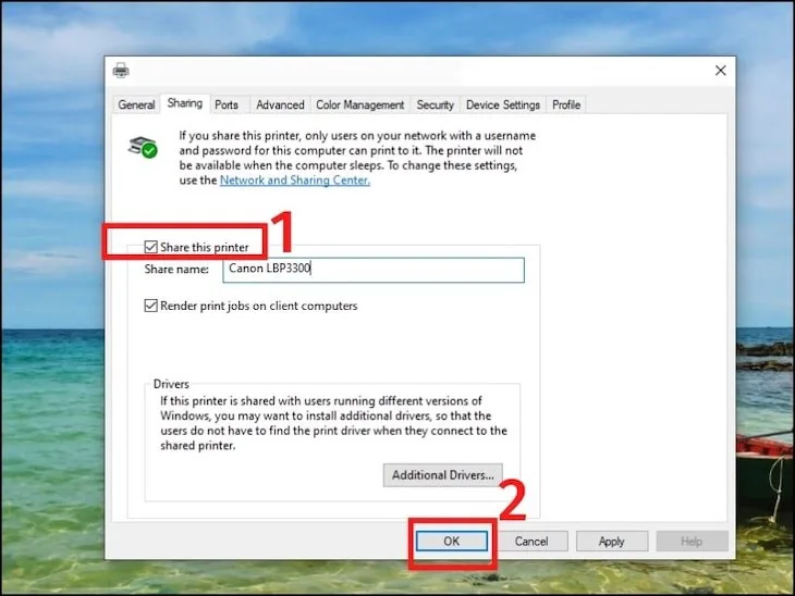 Tick Share this printer để chia sẻ máy in