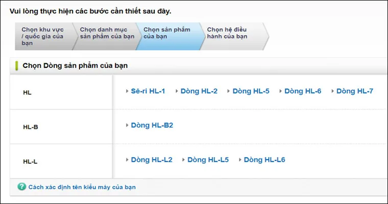 Tìm kiếm tên model máy in cụ thể trong danh sách sản phẩm hỗ trợ