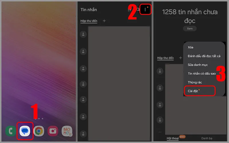 vao muc cai dat trong tin nhan