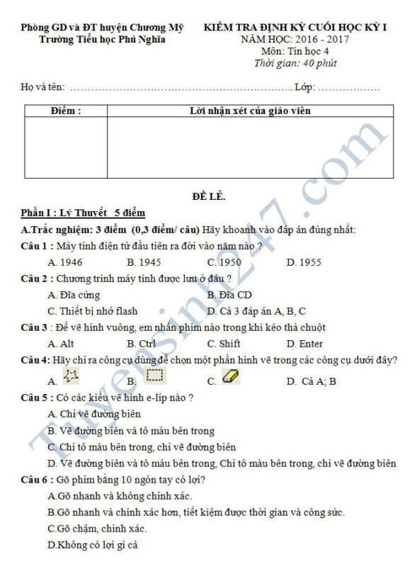 Đề Thi Tin Học Lớp 4 Cuối Kì 1 Năm Học 2016-2017 Có Đáp Án Chi Tiết