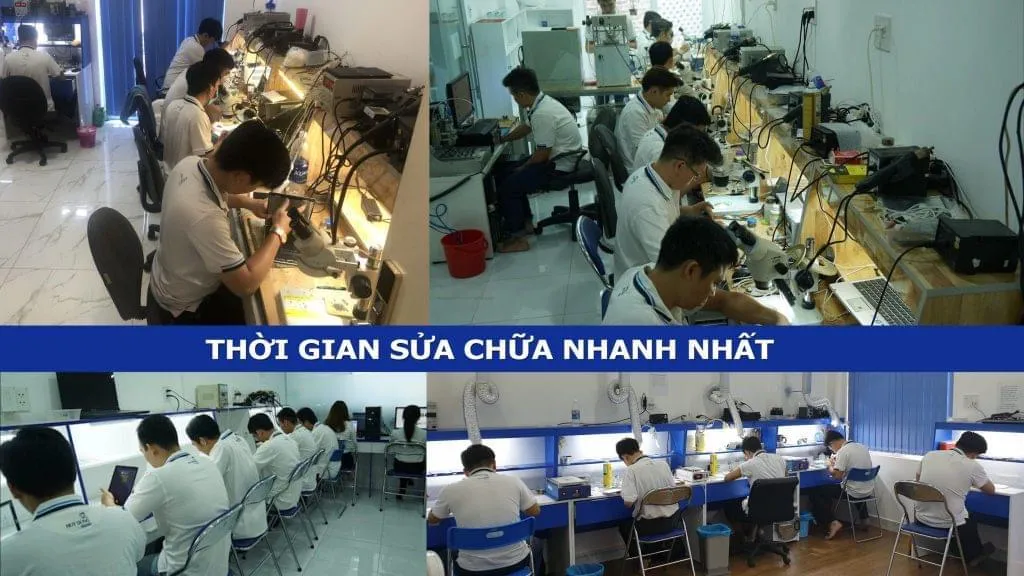 Đội ngũ kỹ thuật viên đang trực tiếp sửa chữa tại trung tâm uy tín