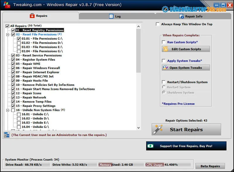 Phần mềm Windows Repair sửa lỗi Windows 10