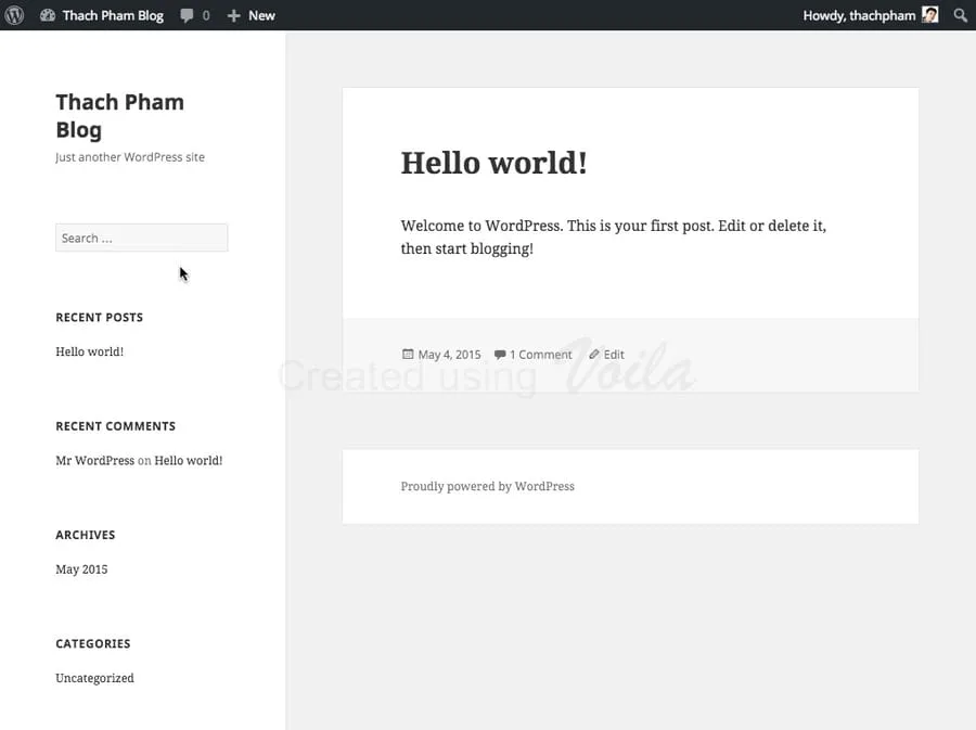 Trang chủ website WordPress mặc định sau khi cài
