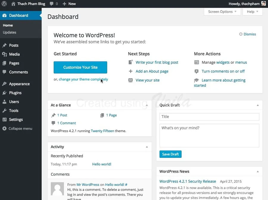 Trang quản trị WordPress sau khi cài đặt thành công