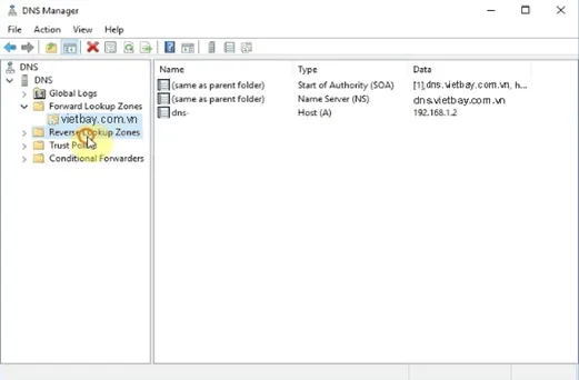 Xác nhận tên miền sau khi cấu hình Forward Lookup Zone