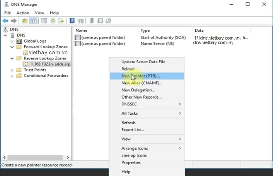 Tạo bản ghi PTR trong Reverse Lookup Zone