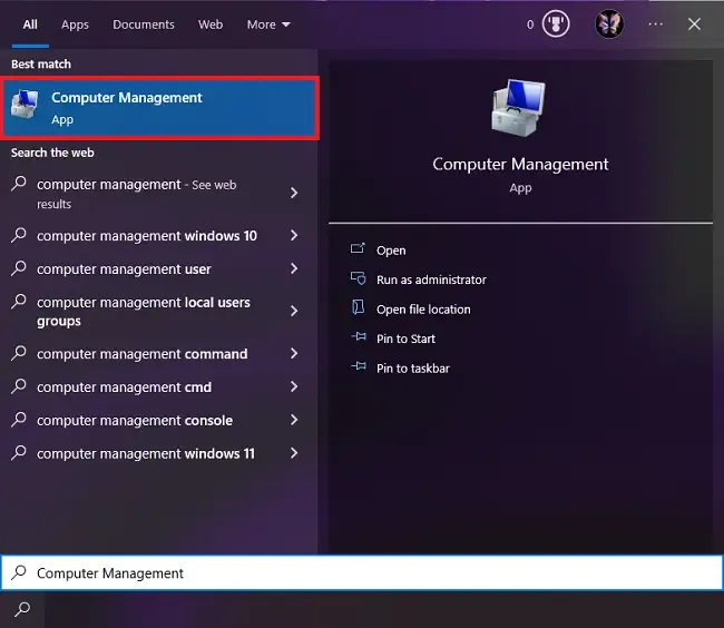 Truy cập Computer Management để thiết lập cách cài 2 zalo trên máy tính