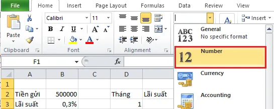 Truy cập menu định dạng số để tùy chỉnh hiển thị tiền tệ