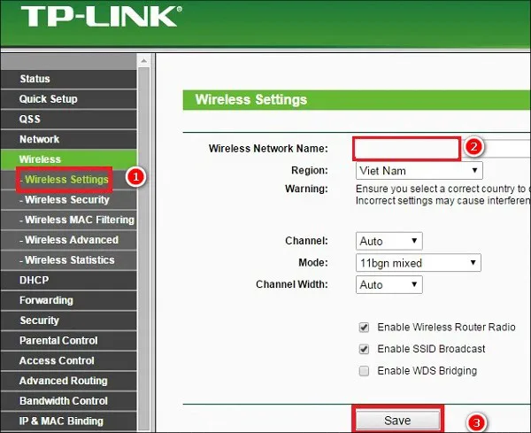 Truy cập Wireless Settings đổi tên wifi