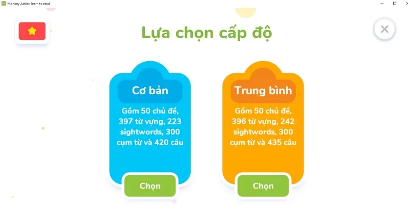 2 cấp độ học tiếng Việt trong Monkey Junior. (Ảnh: Chụp màn hình)