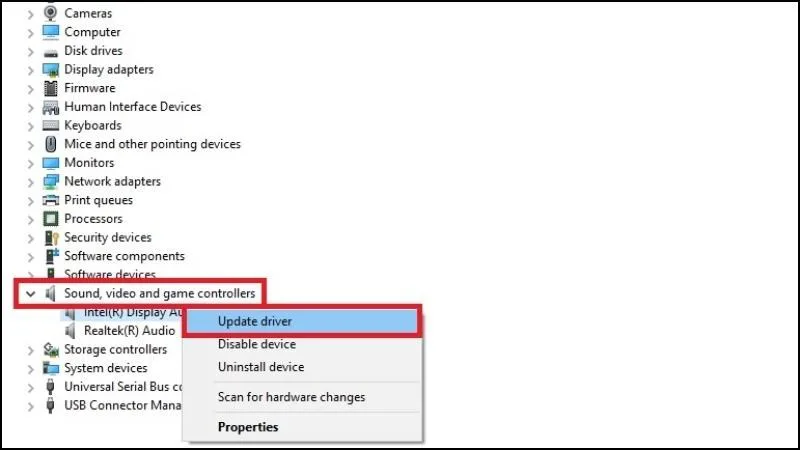 Update Driver trong mục Sound video and game controllers