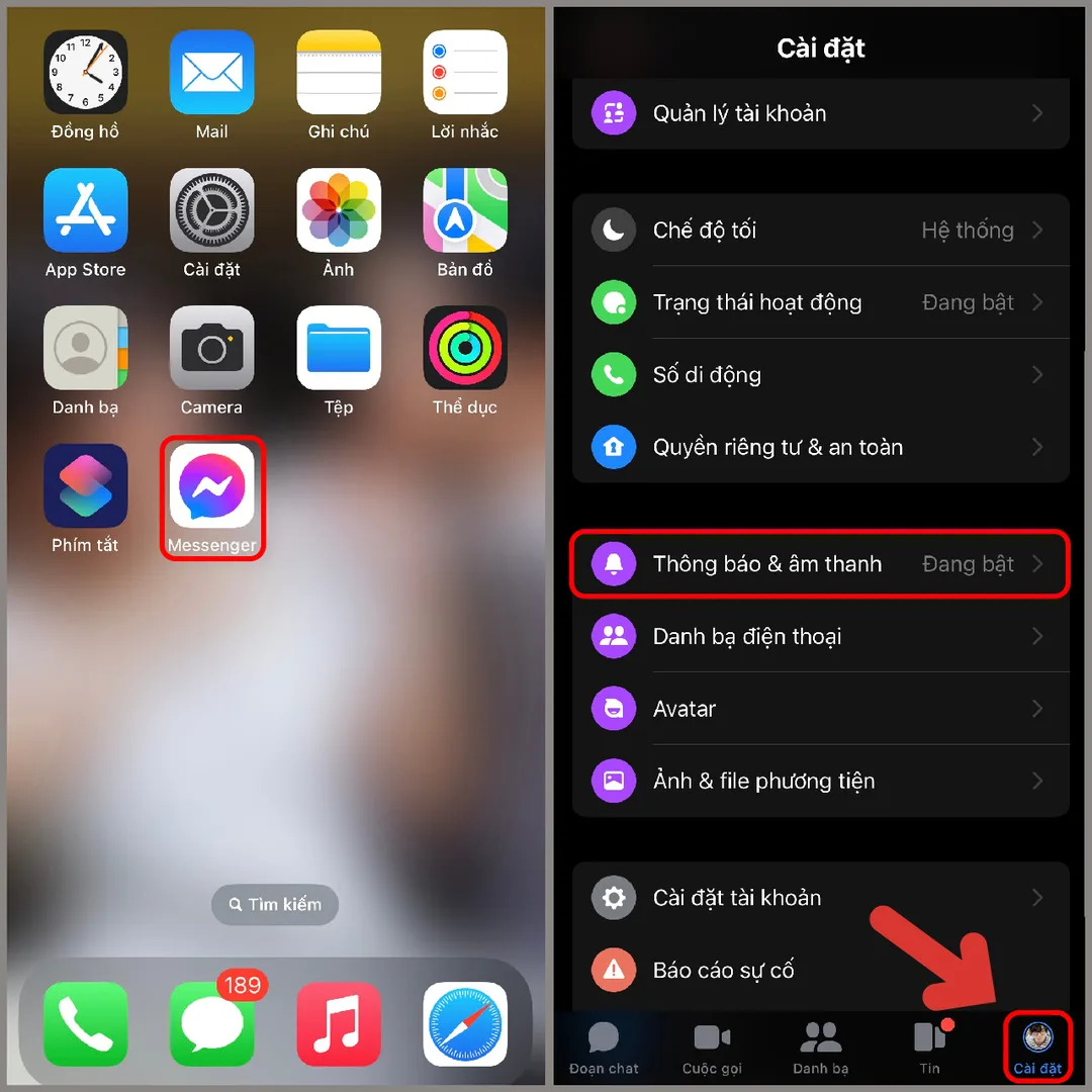 Vào Cài đặt Messenger chọn Thông báo và âm thanh