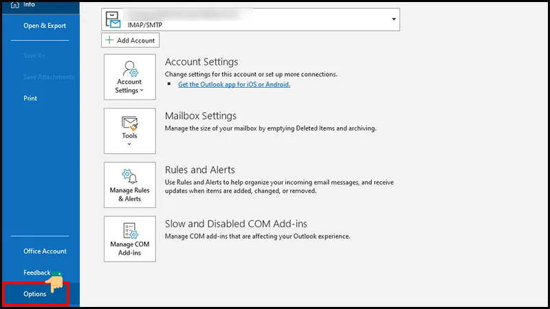 Vào hộp thoại Options để thay đổi chữ ký email tự động