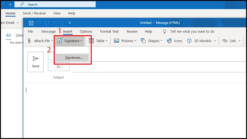 Vào hộp thoại Signature để tạo chữ ký email