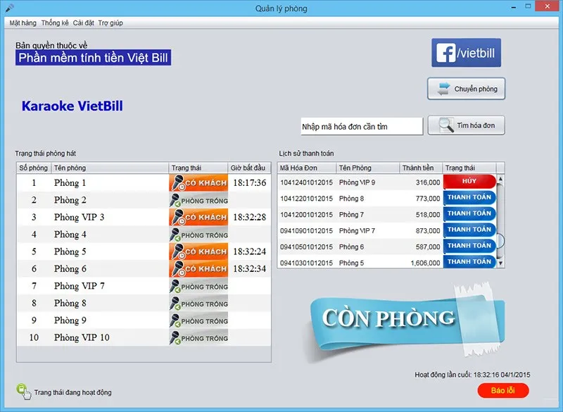 Vietbill: Pháº§n má» m quáº£n lý tính tiá» n karaoke miá»…n phí