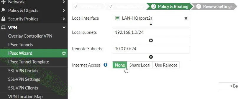 cấu hình dải mạng local và remote cho VPN