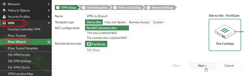 Thiết lập VPN name, NAT, remote device type