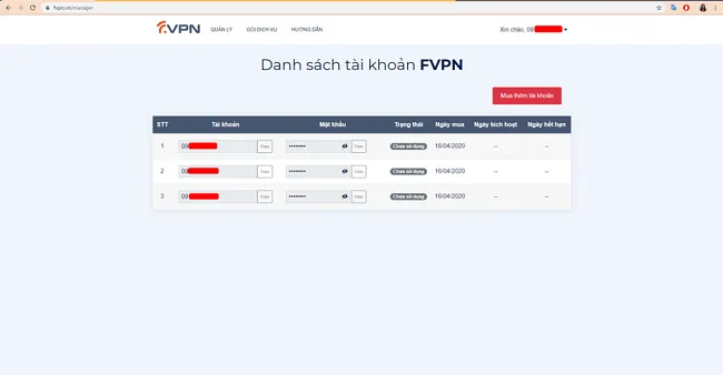 Kiểm tra danh sách tài khoản VPN sau khi thanh toán thành công