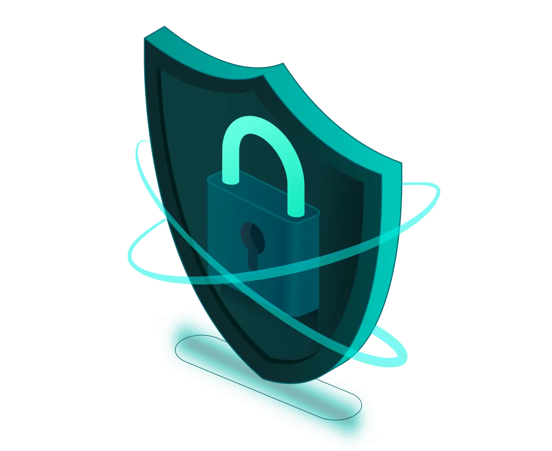 shield with a padlock at its center, surrounded by an orbit-like ring and binary code, symbolizing website security and data protection, representing Sucuri's Website Firewall service.